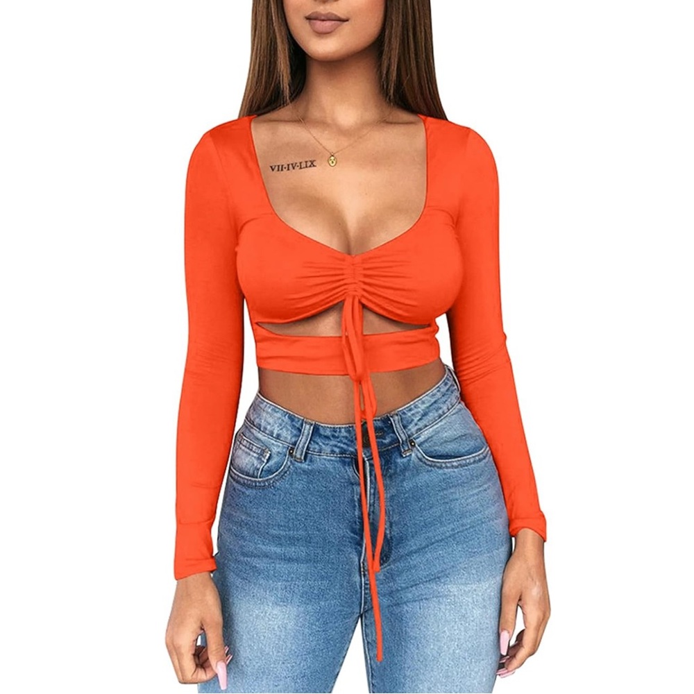 Women Sexy Tight Crop Tops Long Sleeves Ruched cut Stretch T-Shirt Tie Up V Neck